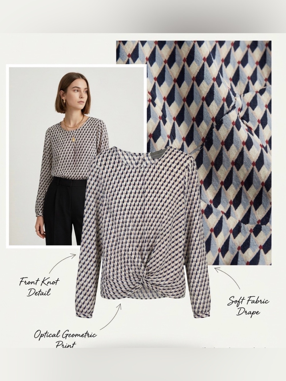 Sunday in Brooklyn Geometric Print Long Sleeve Button Back Twist Front Blouse